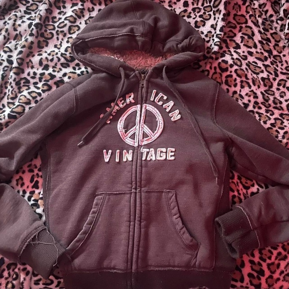 American Vintage Brown Hooded Zip-Up Jacket with Pink Lining